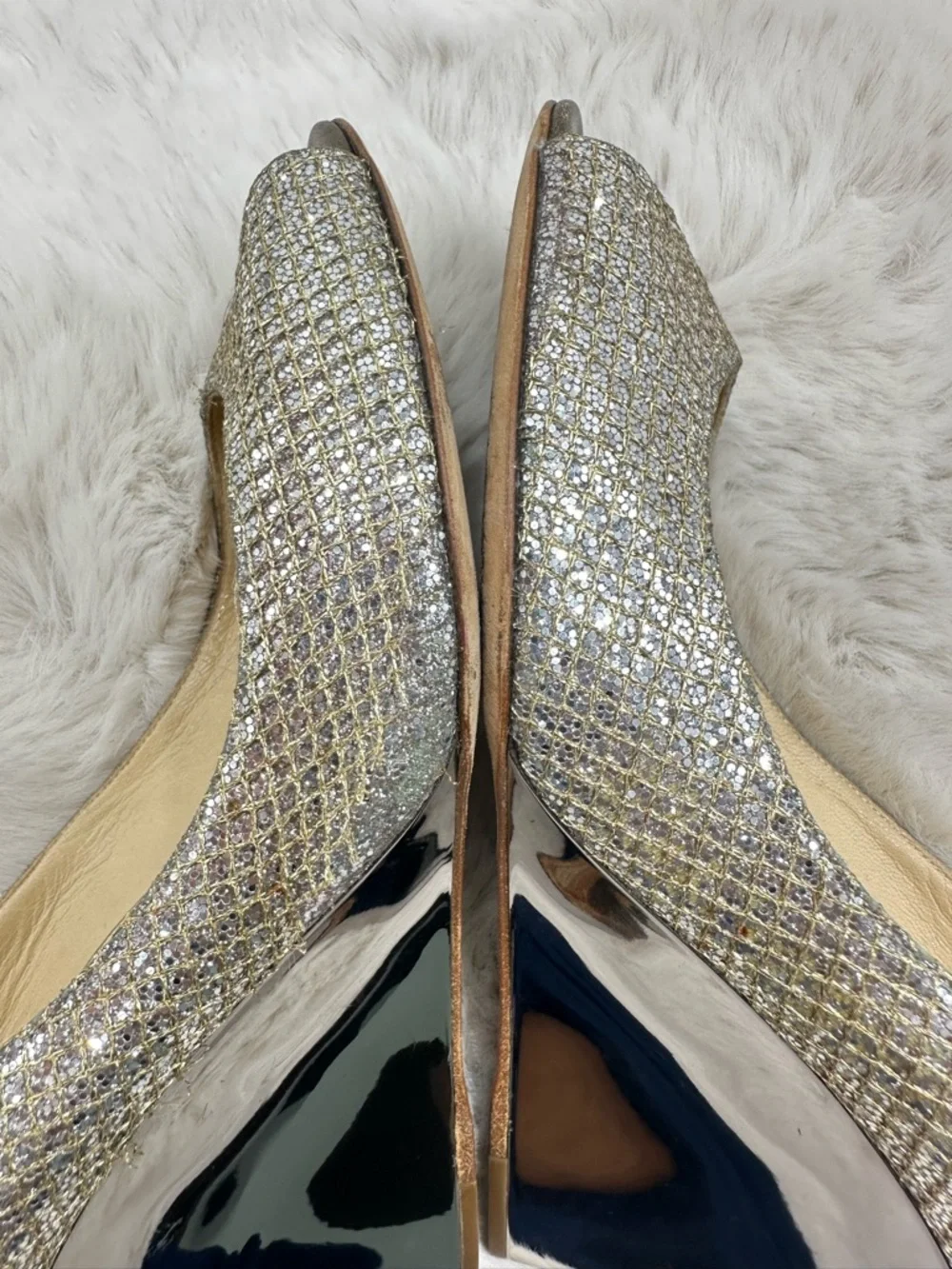 Jimmy Choo Isabel Champagne Glitter Peep Toe Pumps 40.5 US 10.5 Gold Heels